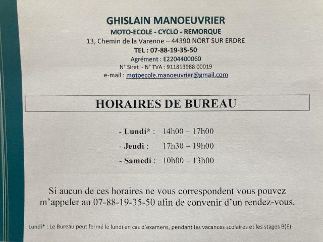 GHISLAIN MANOEUVRIER Moto-Ecole - Cyclo - Remorque - Nort-sur-Erdre - +33 7 88 19 35 50