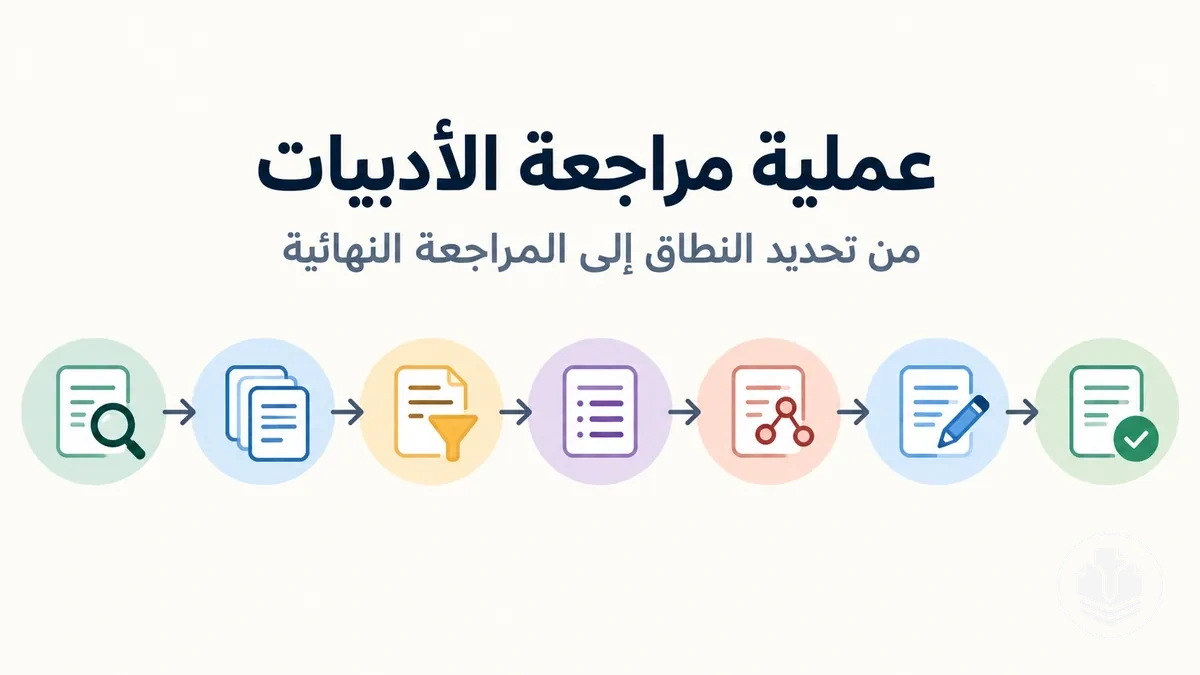 عملية مراجعة الأدبيات من تحديد النطاق إلى المراجعة النهائية.