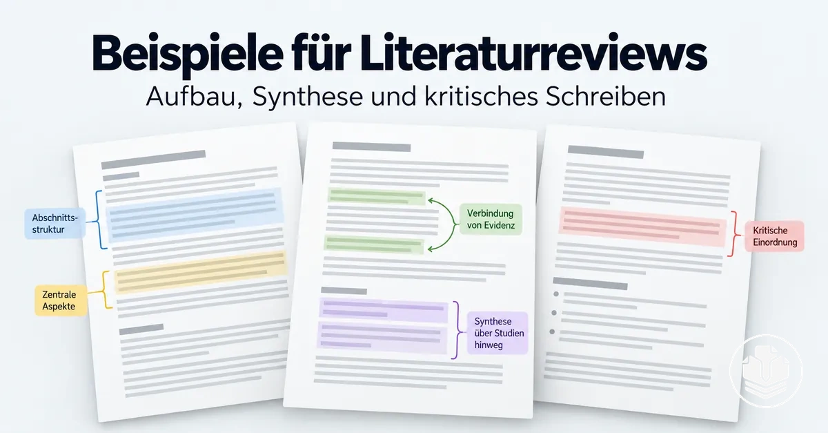 Kommentierte Beispiele für Literaturreviews mit Aufbau, Synthese und kritischem Schreiben.