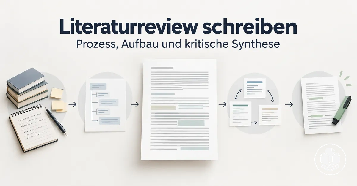 Ablauf beim Schreiben eines Literaturreviews von der Planung über die kritische Synthese bis zur Überarbeitung.