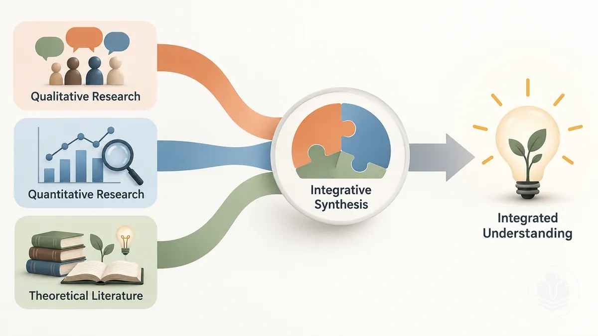 Abbildung, die zeigt, wie qualitative, quantitative und theoretische Evidenz zu einer integrativen Literaturreview-Synthese beiträgt.