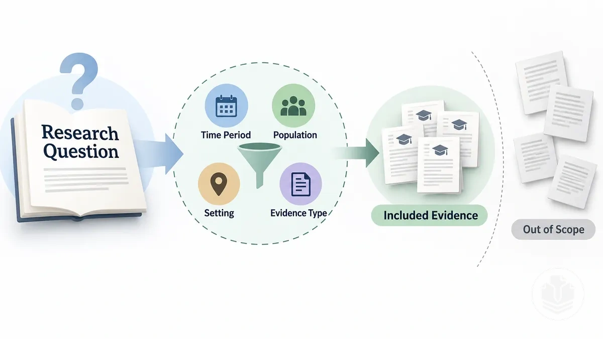 Literature review scope narrowing a research question into defined evidence boundaries