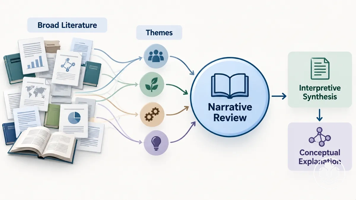 Illustration of a narrative review integrating a broad body of literature through interpretive synthesis.