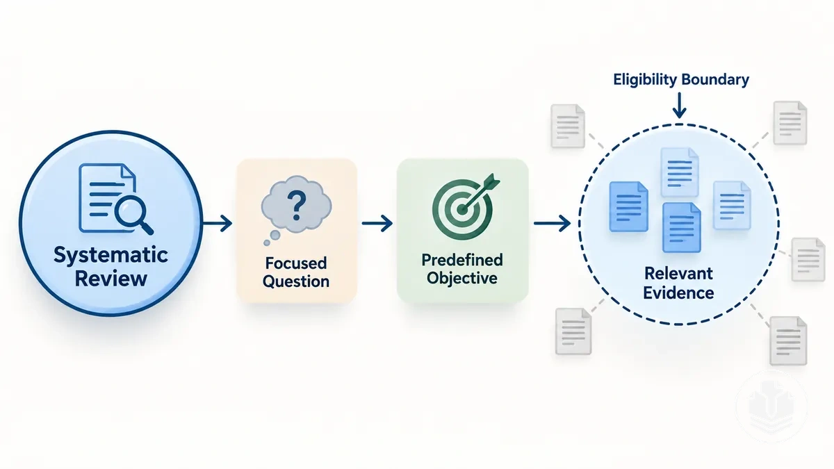 Diagram showing how a focused systematic review question and predefined objectives set evidence eligibility boundaries.