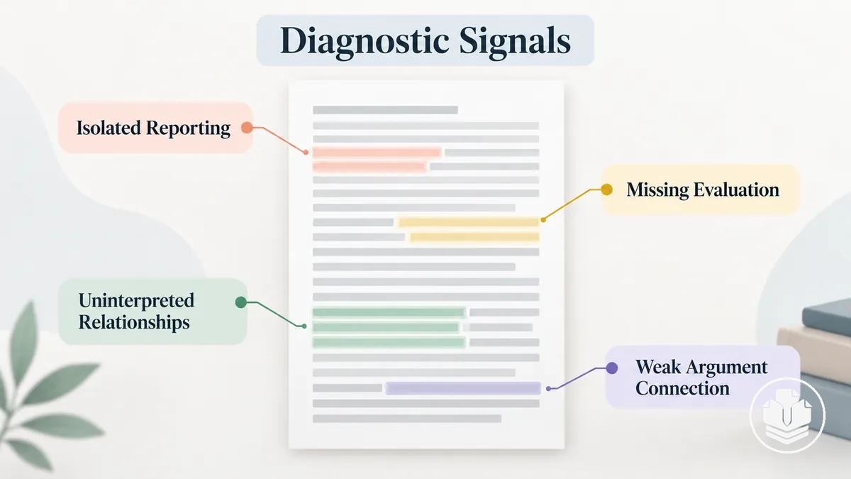Annotated literature review excerpt showing common signs of overly descriptive writing.