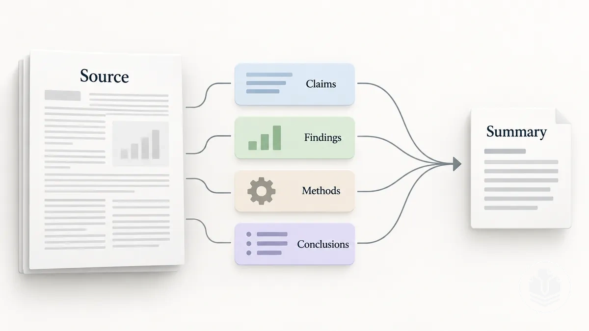 Illustration of source findings being condensed into a literature review summary.
