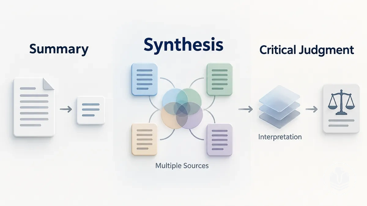 Comparison of summary, synthesis, and critical judgment in a literature review.