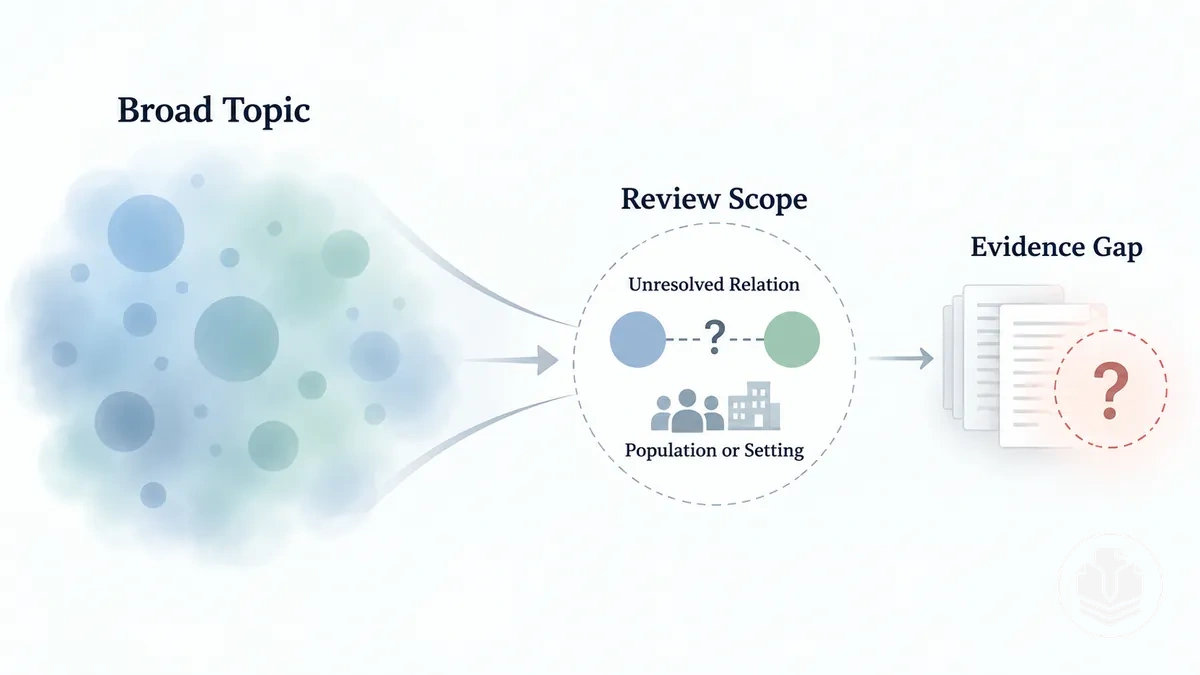 Illustration showing a broad research topic narrowed into a specific unanswered question within a literature-review scope.