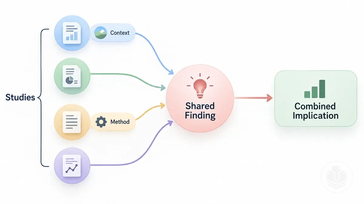 Diagram showing several studies converging on a shared finding with contextual qualifications