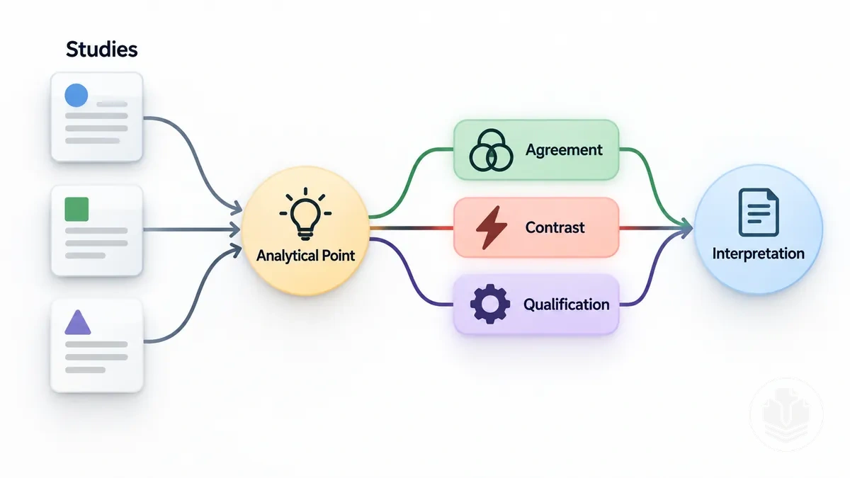 Step-by-step visual showing multiple studies connected through agreement or contrast to an analytical interpretation in one paragraph