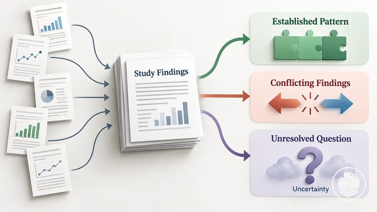 Diagram showing combined evidence converging on a pattern, conflicting across findings, or leaving an unresolved question