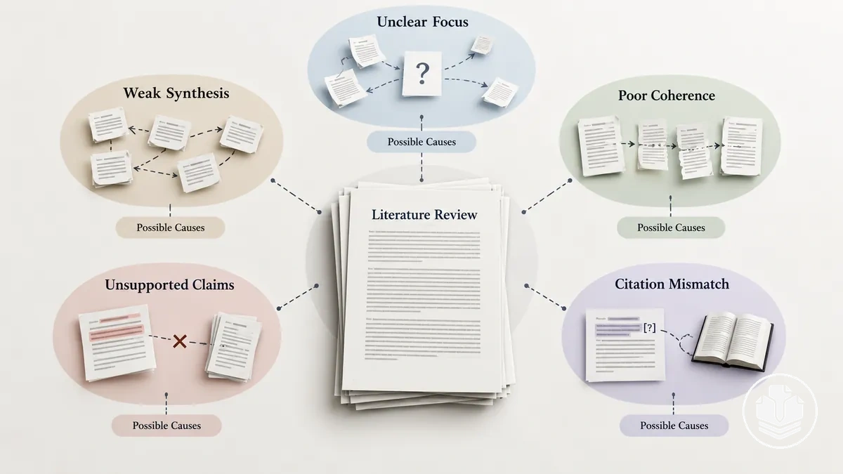 Diagram distinguishing observable signals in a weak literature review from possible underlying causes