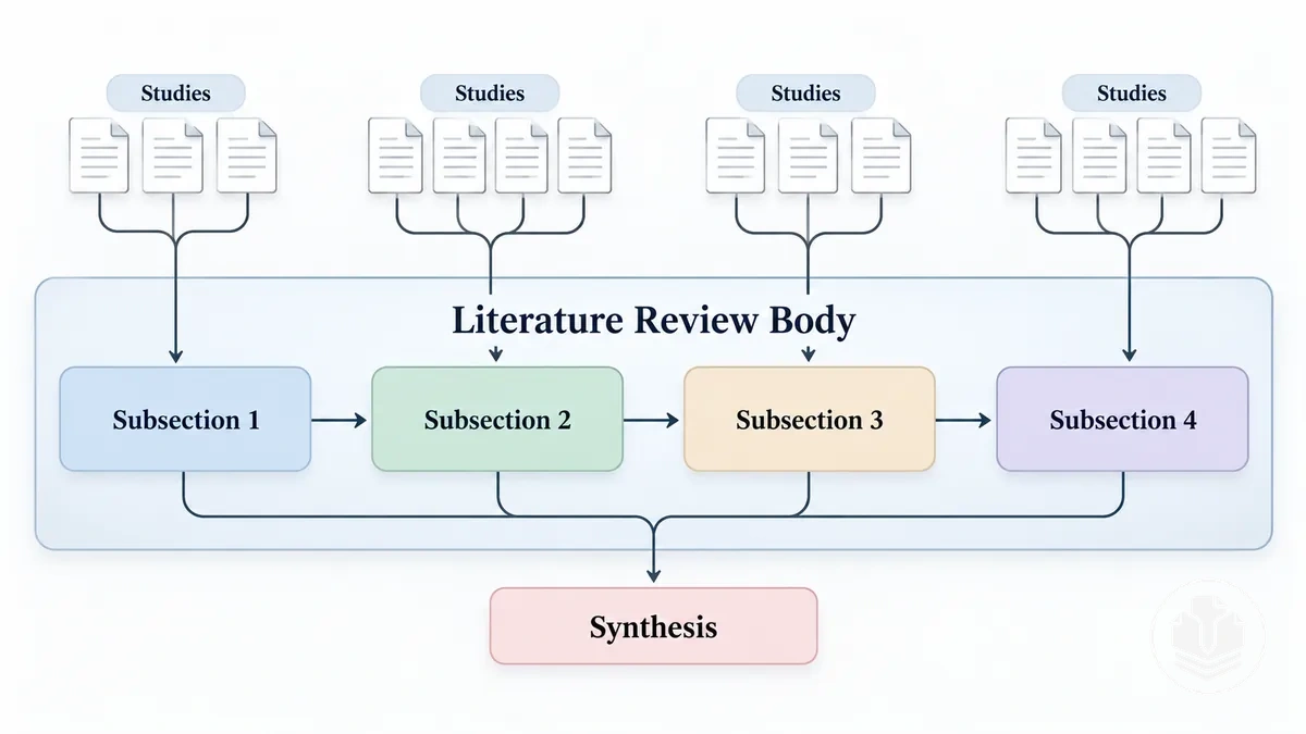 Literature review body showing grouped studies in connected subsections.