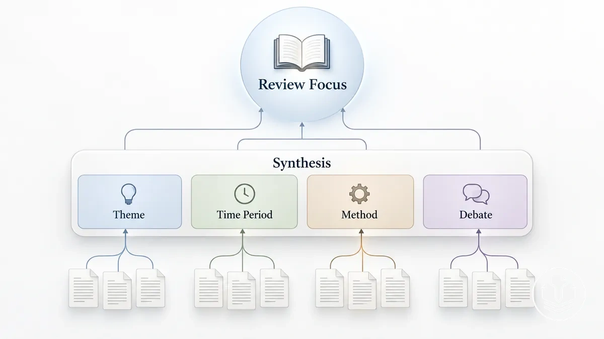 Literature review body organised into coherent subsections around shared focuses.