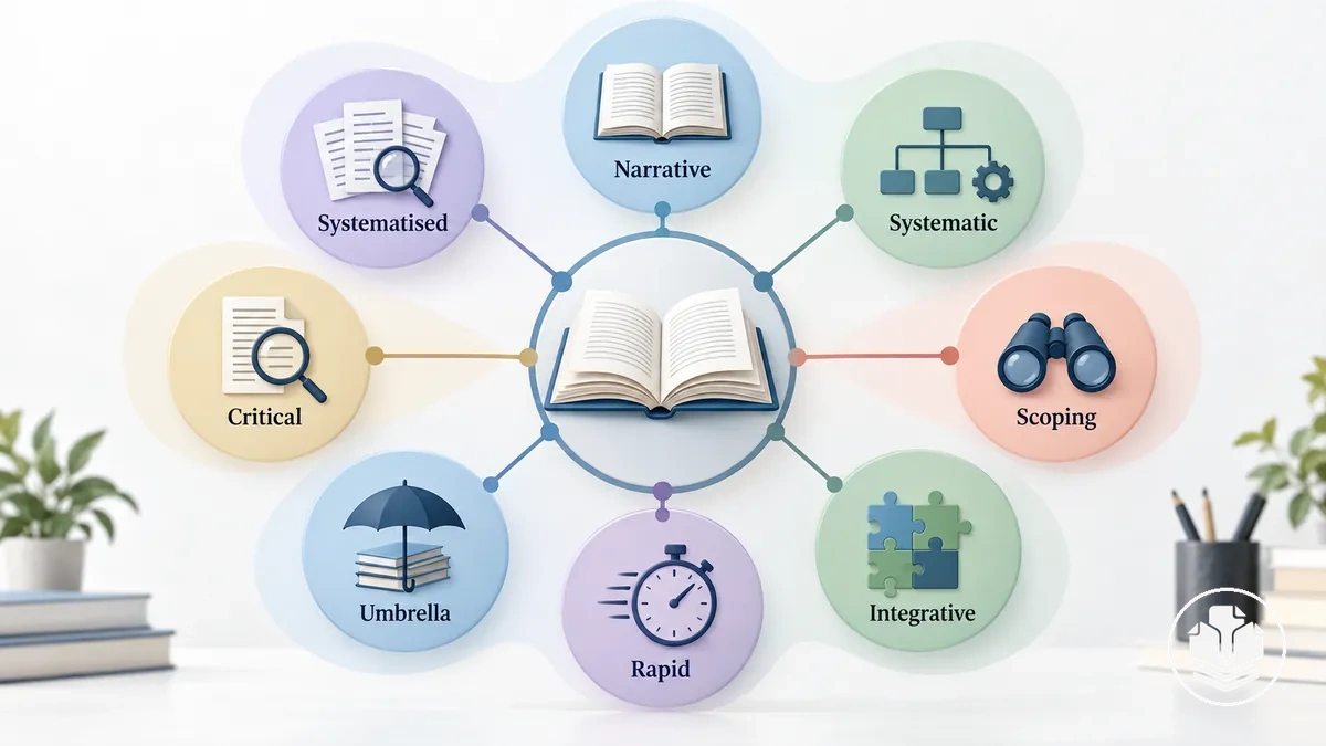 Diagram grouping narrative, systematic, scoping, integrative, rapid, umbrella, critical and systematised literature reviews.