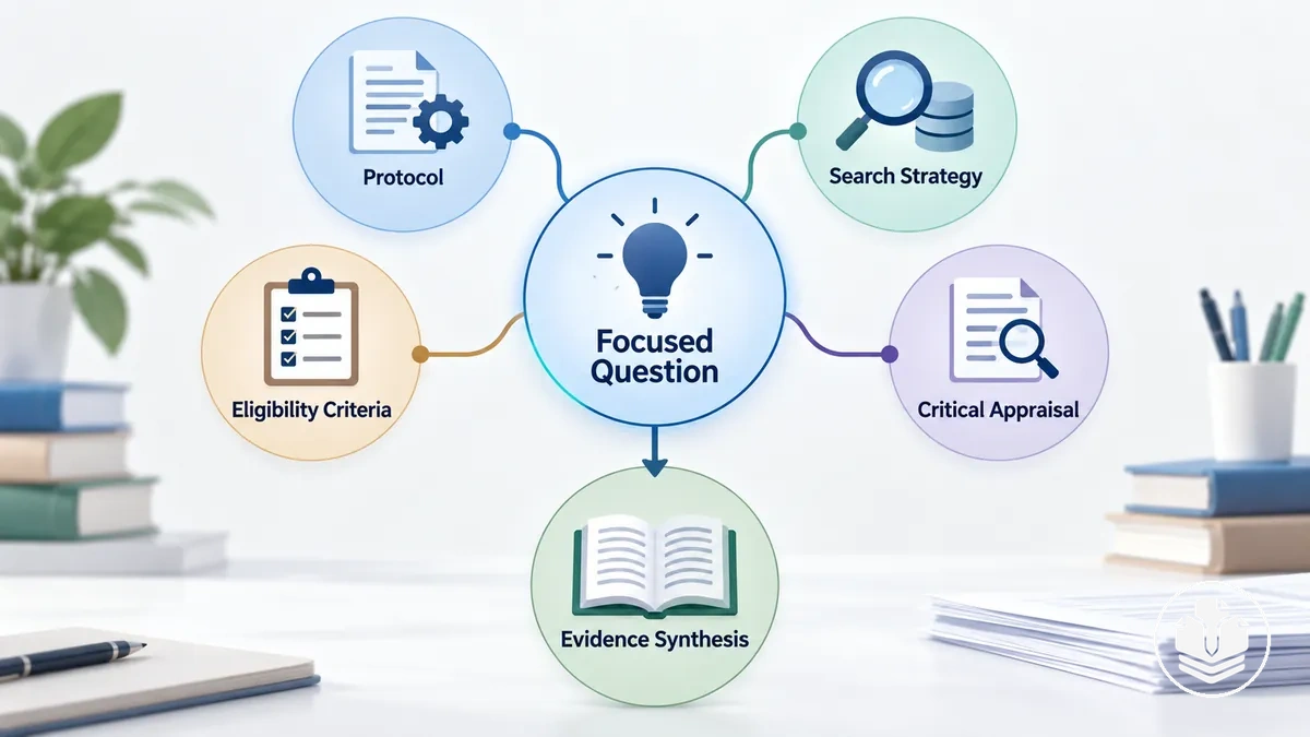 Diagram showing the defining methodological controls of a systematic literature review from focused question to evidence synthesis.