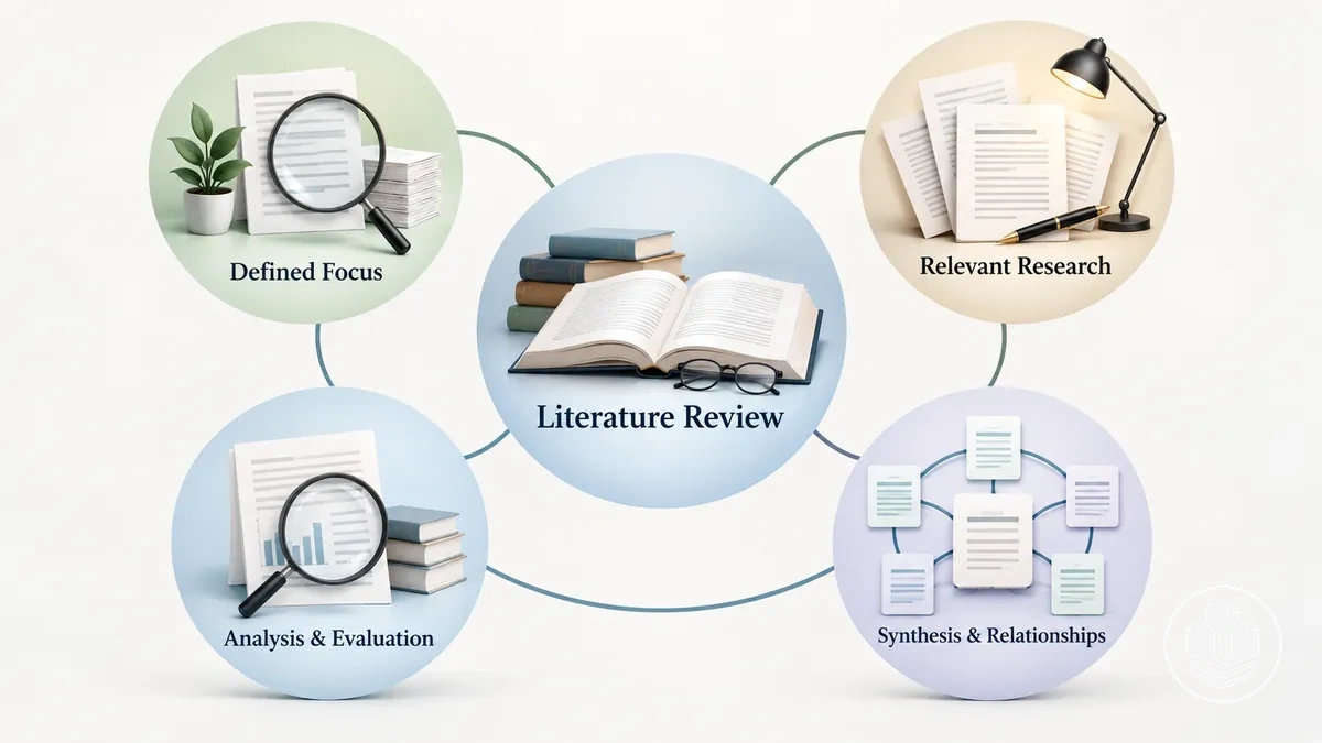 Diagrama que muestra la investigación pertinente, el análisis y la evaluación, y la síntesis conectados en torno al enfoque definido de una revisión bibliográfica.