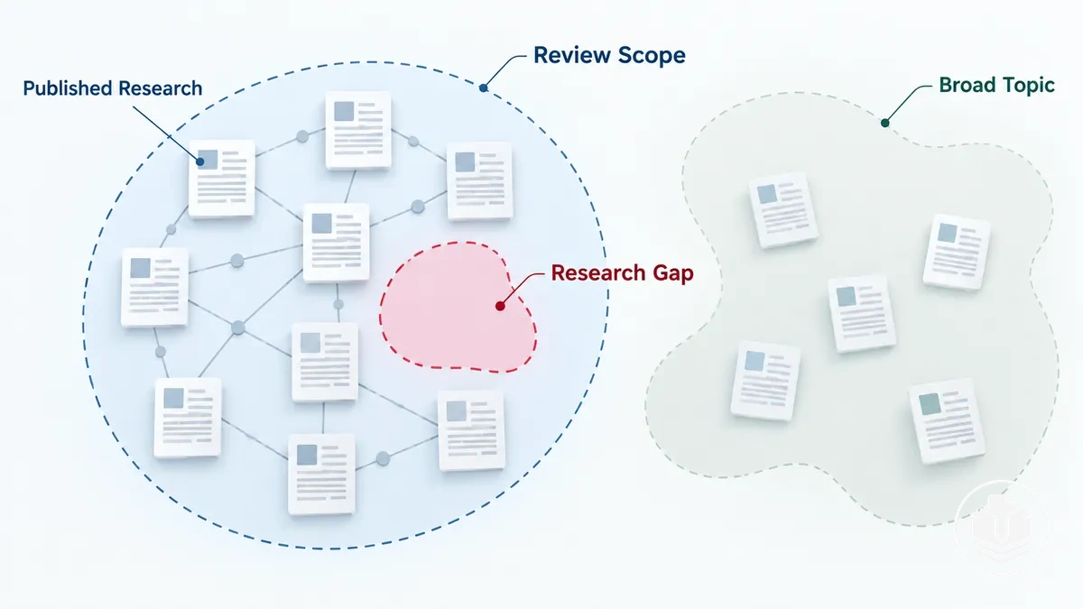Diagrama que muestra una laguna de investigación como un área acotada de información faltante o no resuelta dentro de la evidencia bibliográfica existente.