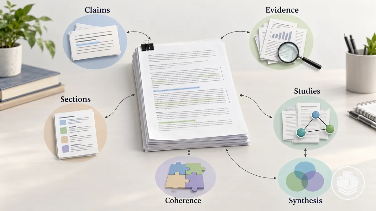 Revisión de fondo de la revisión bibliográfica verificando afirmaciones, evidencias, secciones y síntesis de estudios.