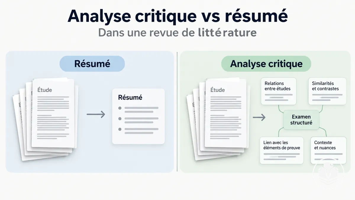 Comparaison entre l’analyse critique et le résumé descriptif dans une revue de littérature.