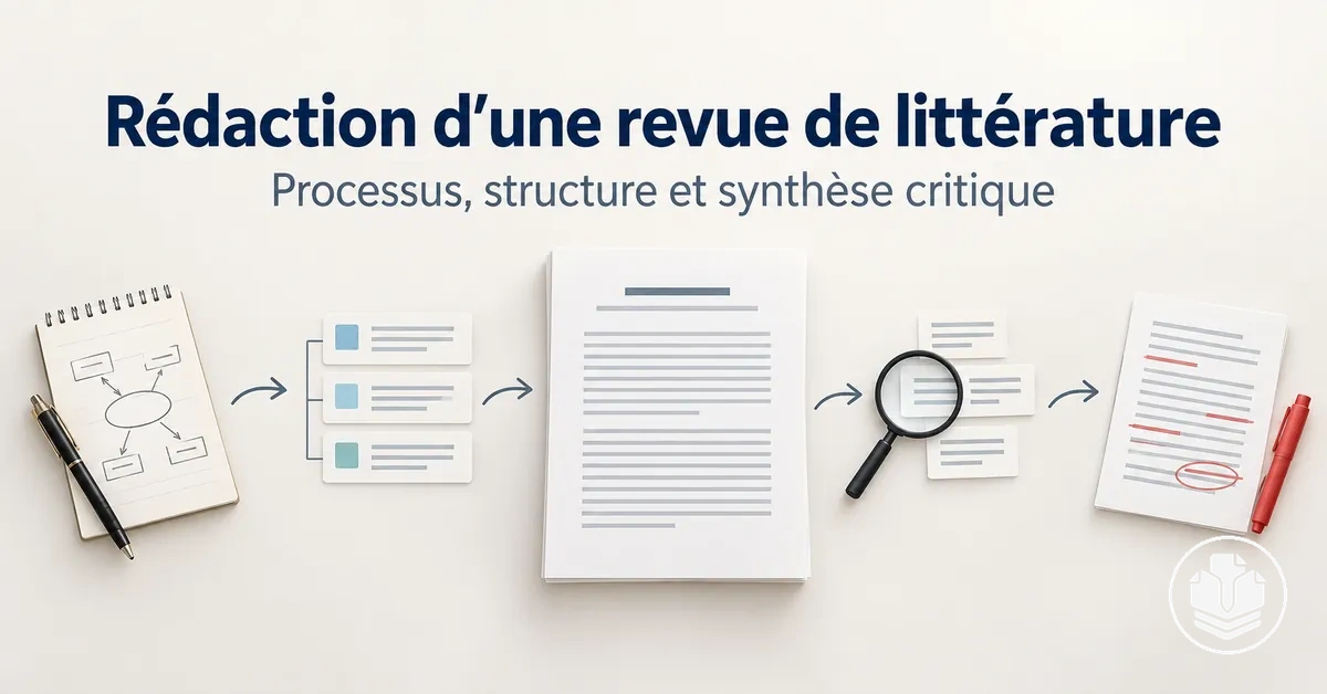 Processus de rédaction d’une revue de littérature, de la planification à la synthèse critique et à la révision.