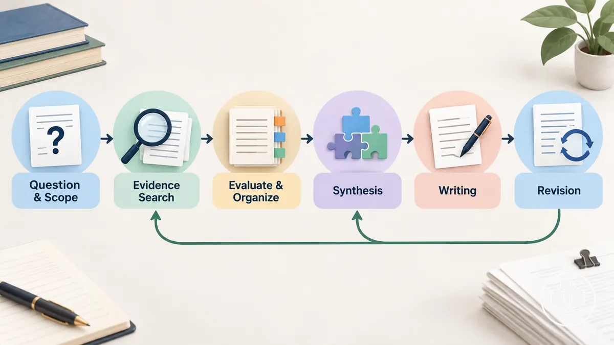 Flux de travail d’une revue de littérature allant de la question de recherche et la recherche de sources à la synthèse, la rédaction et la révision