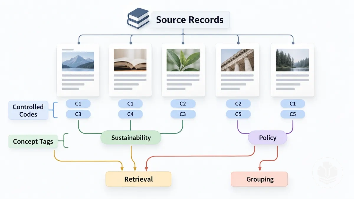 Fiches sources regroupées via des codes factuels et des étiquettes conceptuelles cohérents