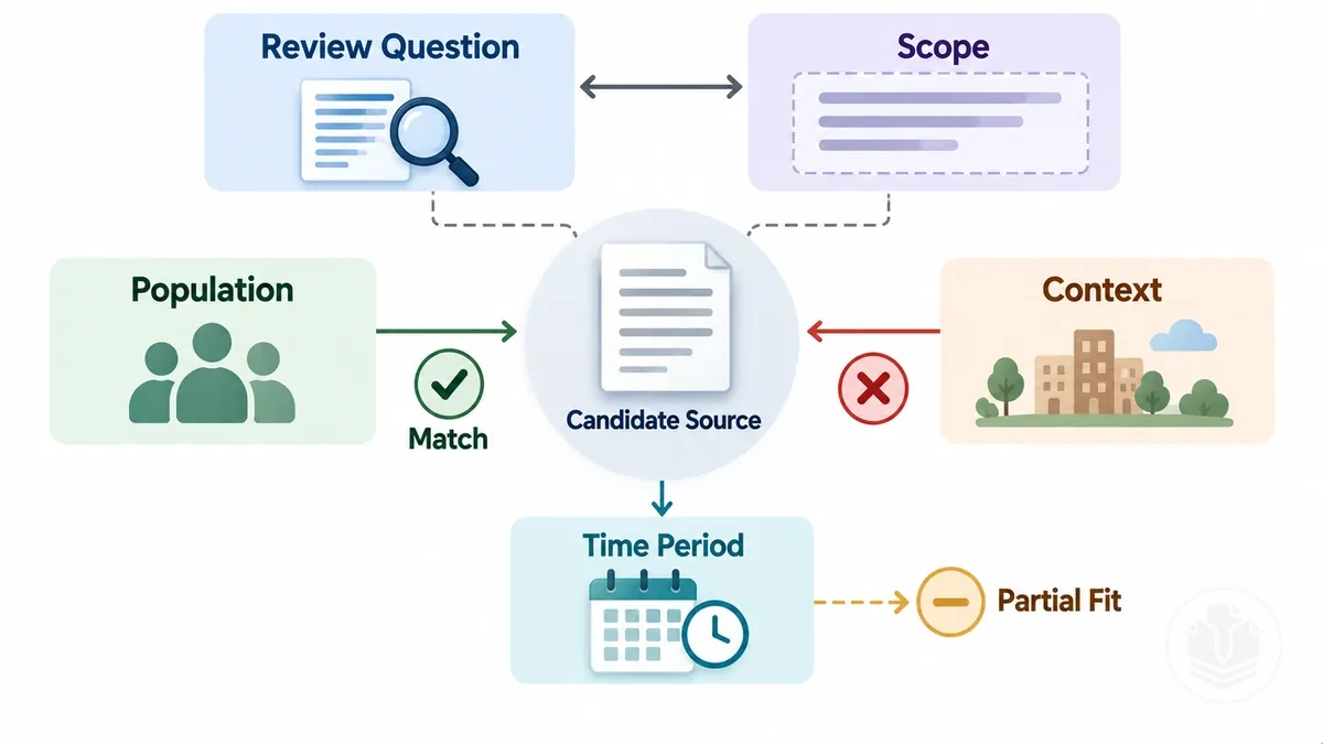 Diagramme illustrant comment une source de revue de littérature est vérifiée par rapport à la question de recherche et au périmètre.