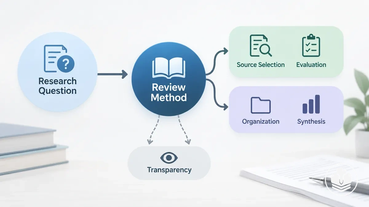 Méthode de revue reliant la question de recherche, le traitement des sources et la synthèse