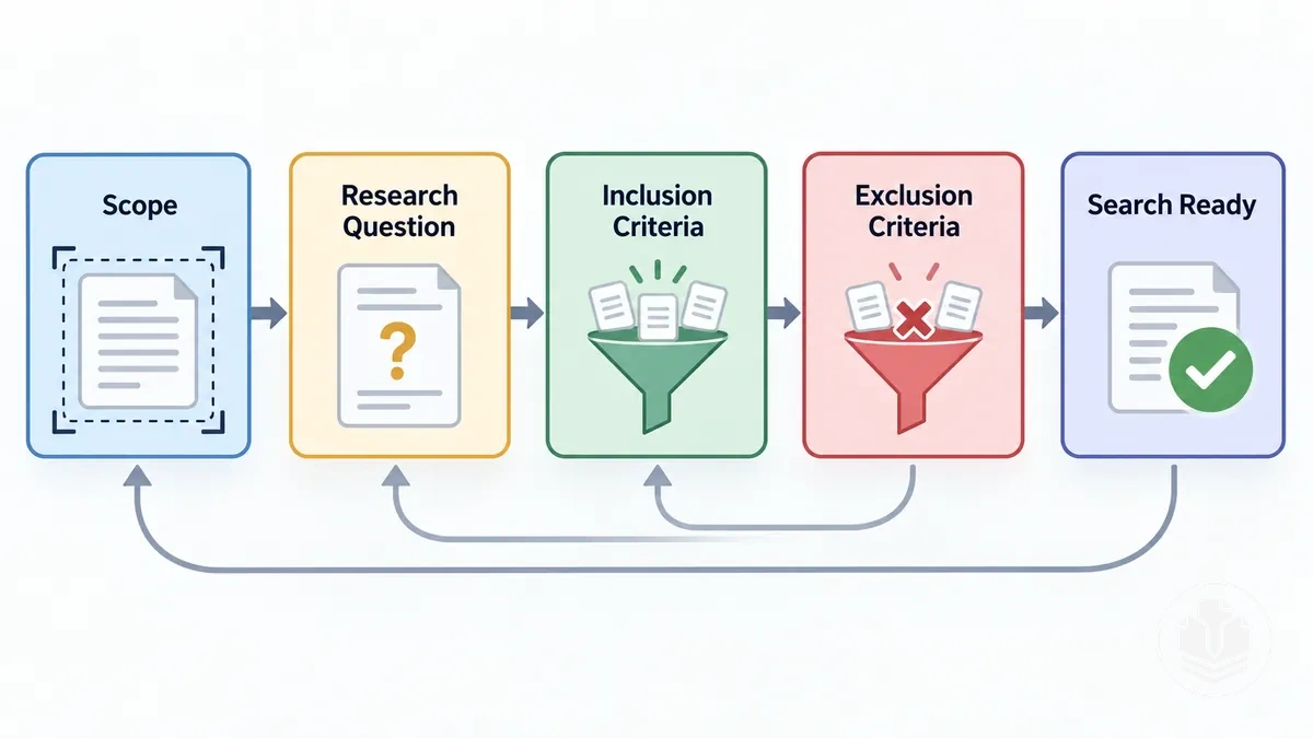 Séquence de planification d’une revue de littérature, du périmètre et de la question de recherche aux critères d’inclusion et d’exclusion, jusqu’à la préparation à la recherche