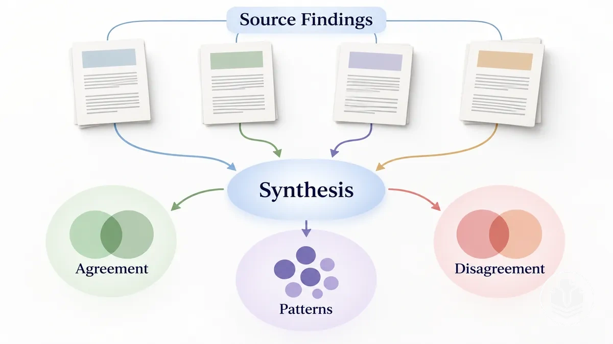 Diagramme montrant plusieurs sources de recherche synthétisées en schémas partagés, accords et tensions dans une revue de littérature.