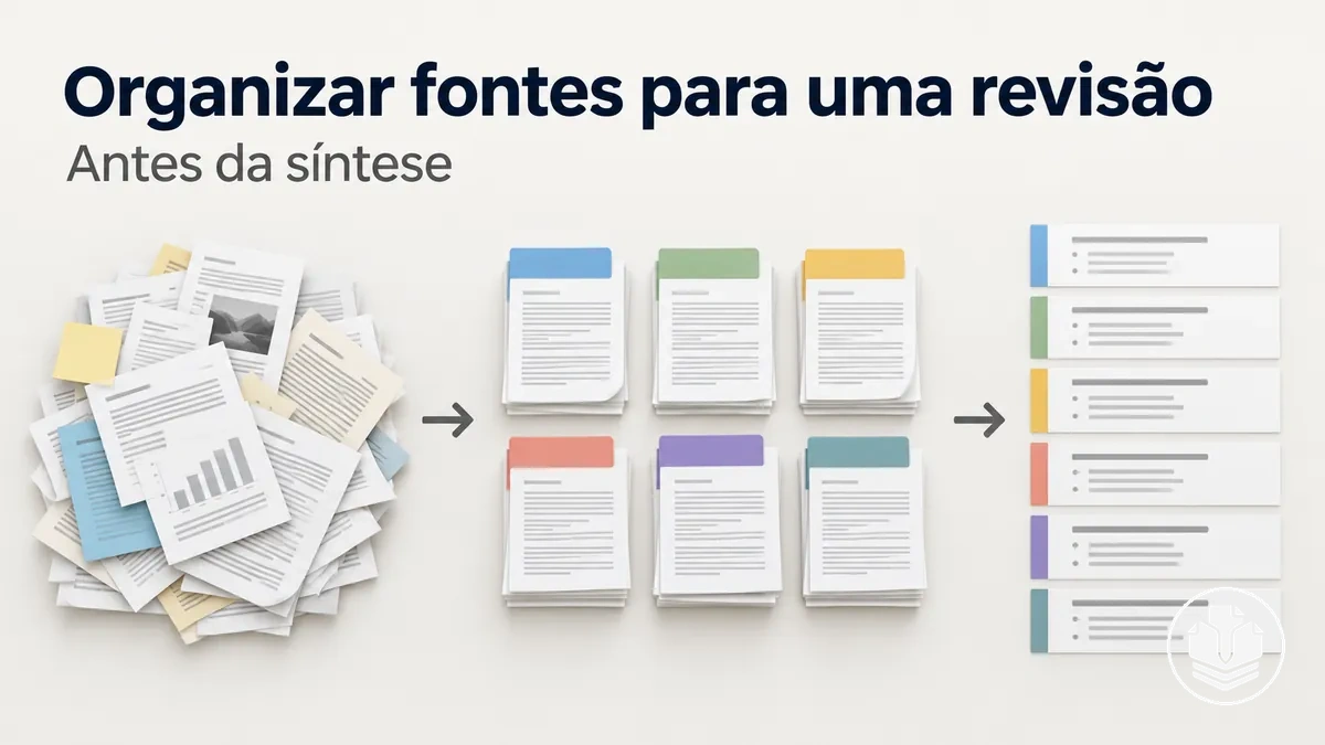 Fluxo de trabalho para organizar fontes de uma revisão de literatura antes da síntese.