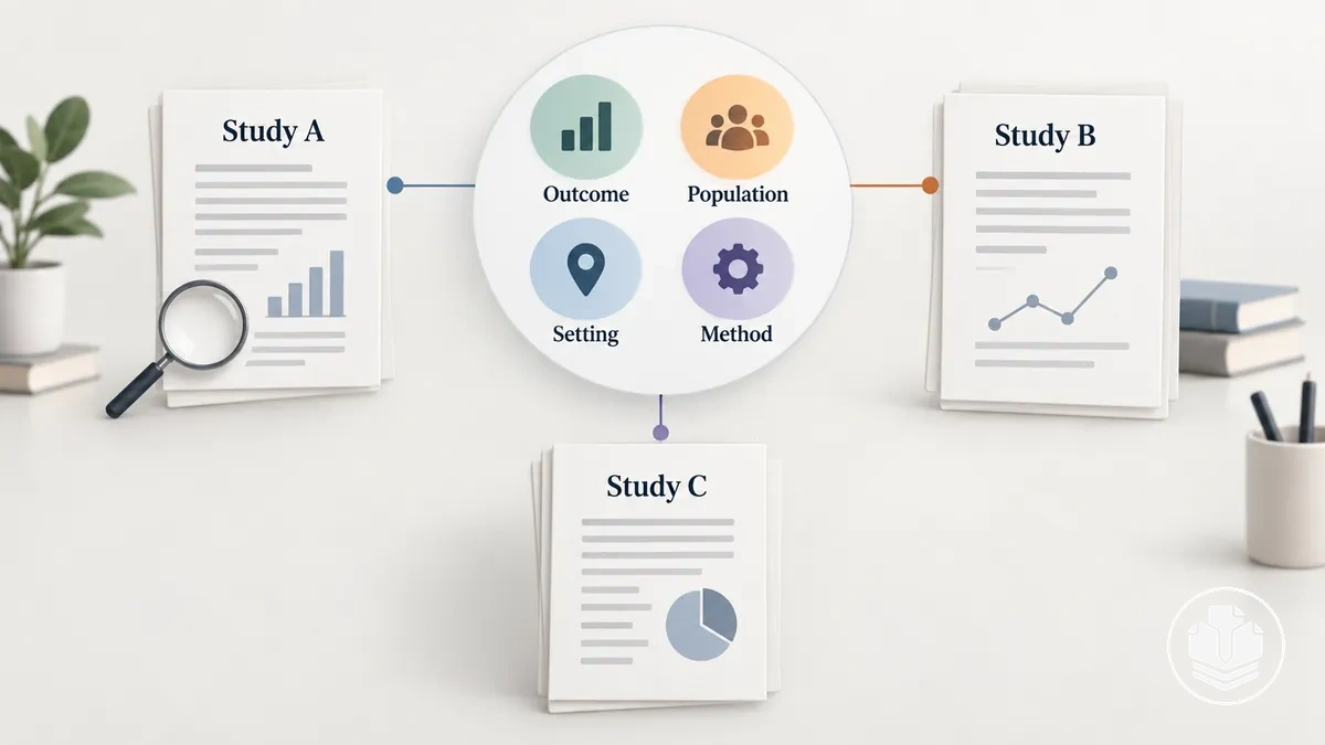 Diagrama de pontos de comparação comuns aplicados entre estudos em uma revisão de literatura.