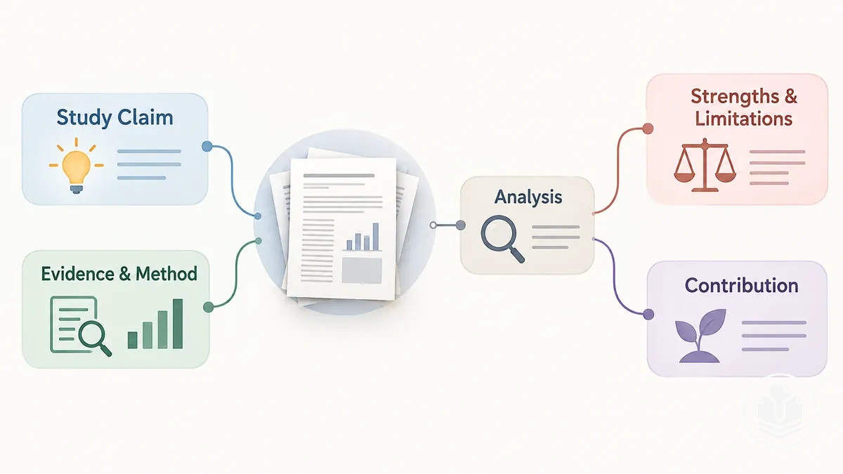 Diagrama que mostra como uma revisão de literatura analisa a alegação, a evidência, as limitações e a contribuição de um estudo.