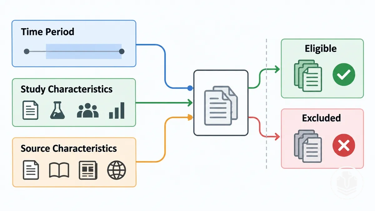 Diagrama mostrando os limites de período de tempo, características de estudos e fontes em uma revisão de literatura