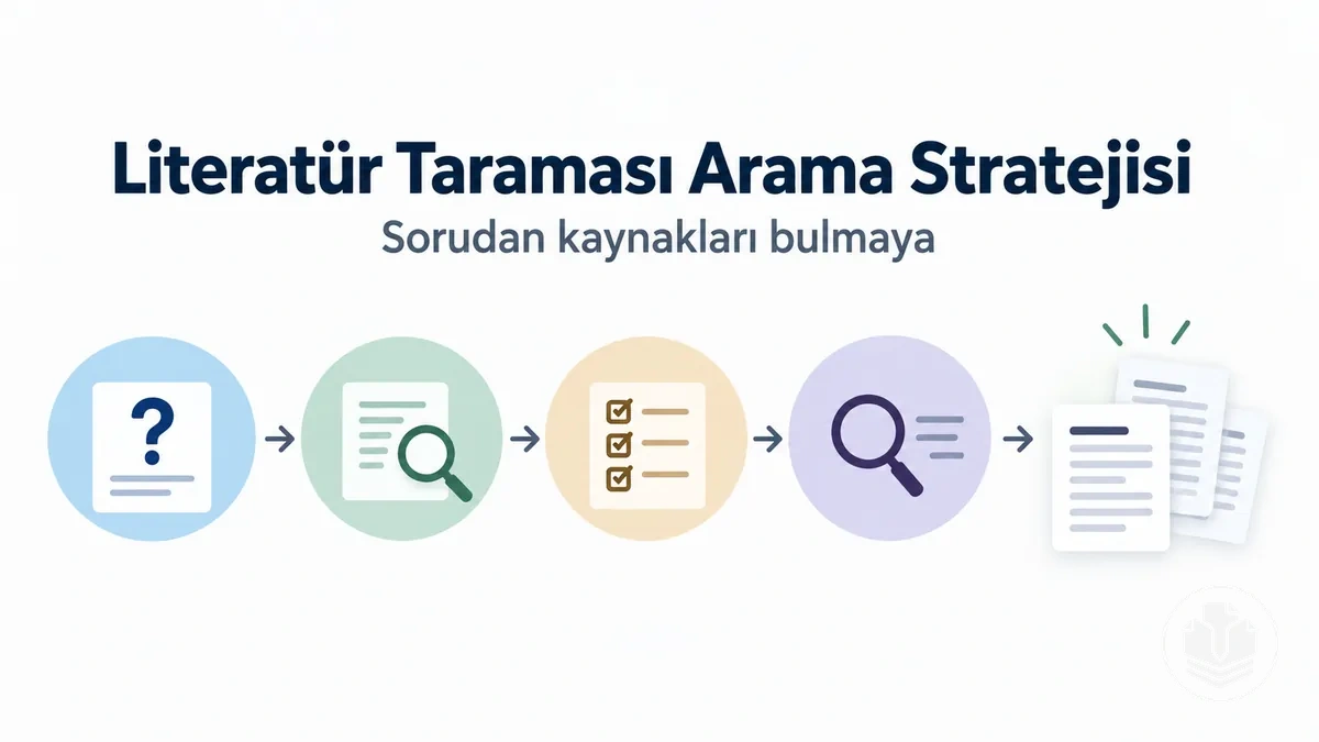 Araştırma sorusundan kaynakların bulunmasına uzanan literatür taraması arama stratejisi.