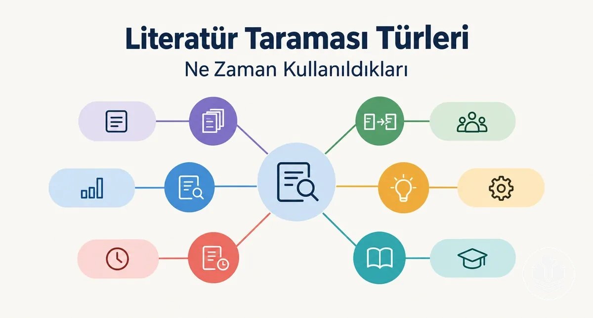 Başlıca literatür taraması türlerini ve kullanım alanlarını gösteren genel bakış.